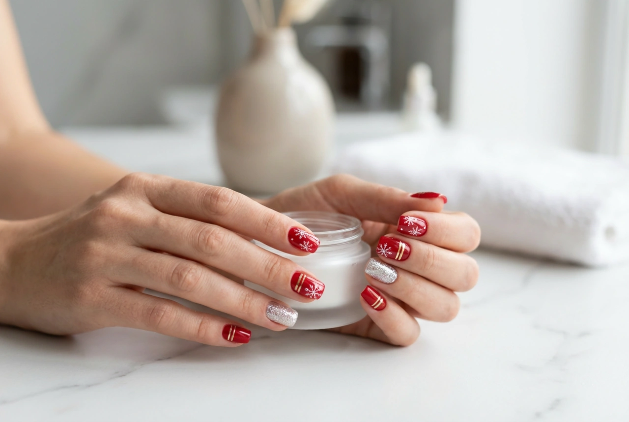 Feestelijke rode nagels: sneeuwvlokken, streepjes en een glinsterend accent