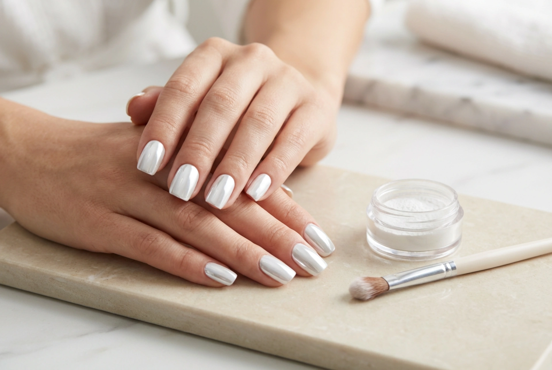 Witte spiegelnagels: het aanbrengen van pigmentpoeder, de juiste kleurbalans en de perfecte afwerking