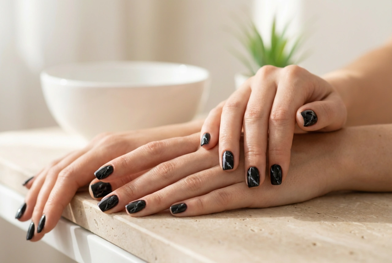 Zwarte marmeren nagels: twee technieken en het fixeren van het patroon