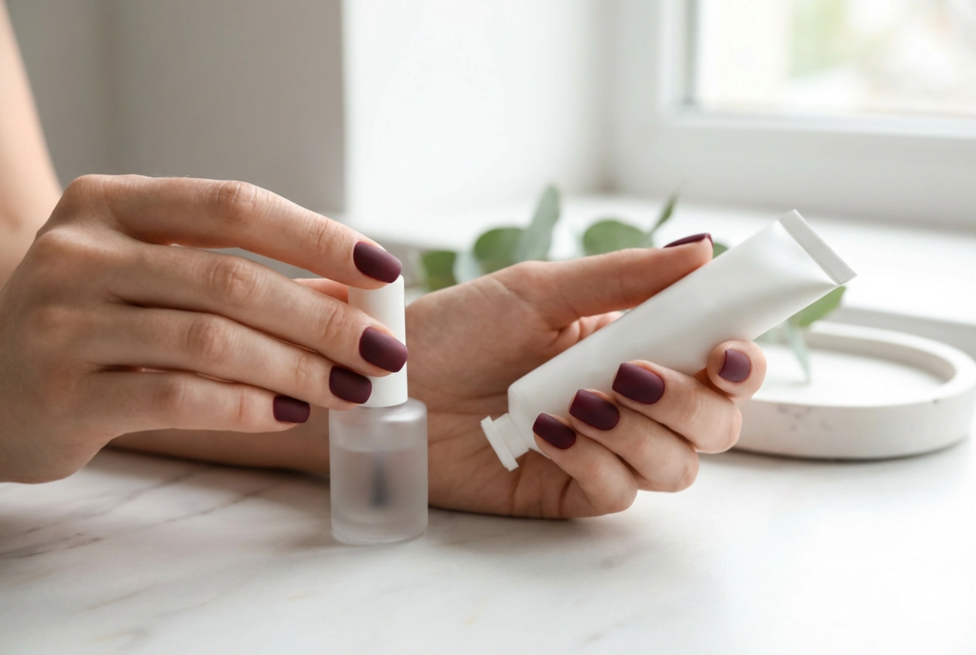 Matte bordeauxrode nagels: een gladde basis, de keuze van de topcoat en de verzorging na het lakken