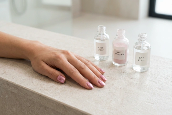 Stap-voor-stap metallic roze nagels: basis, poeders en topcoat