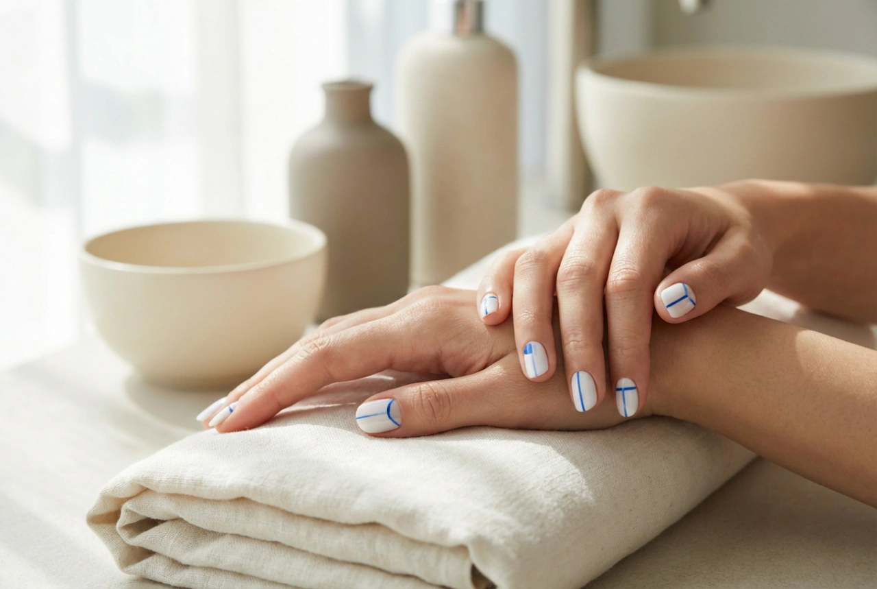 Blauw-witte nagels: eenvoudige ontwerpen en strakke lijnen