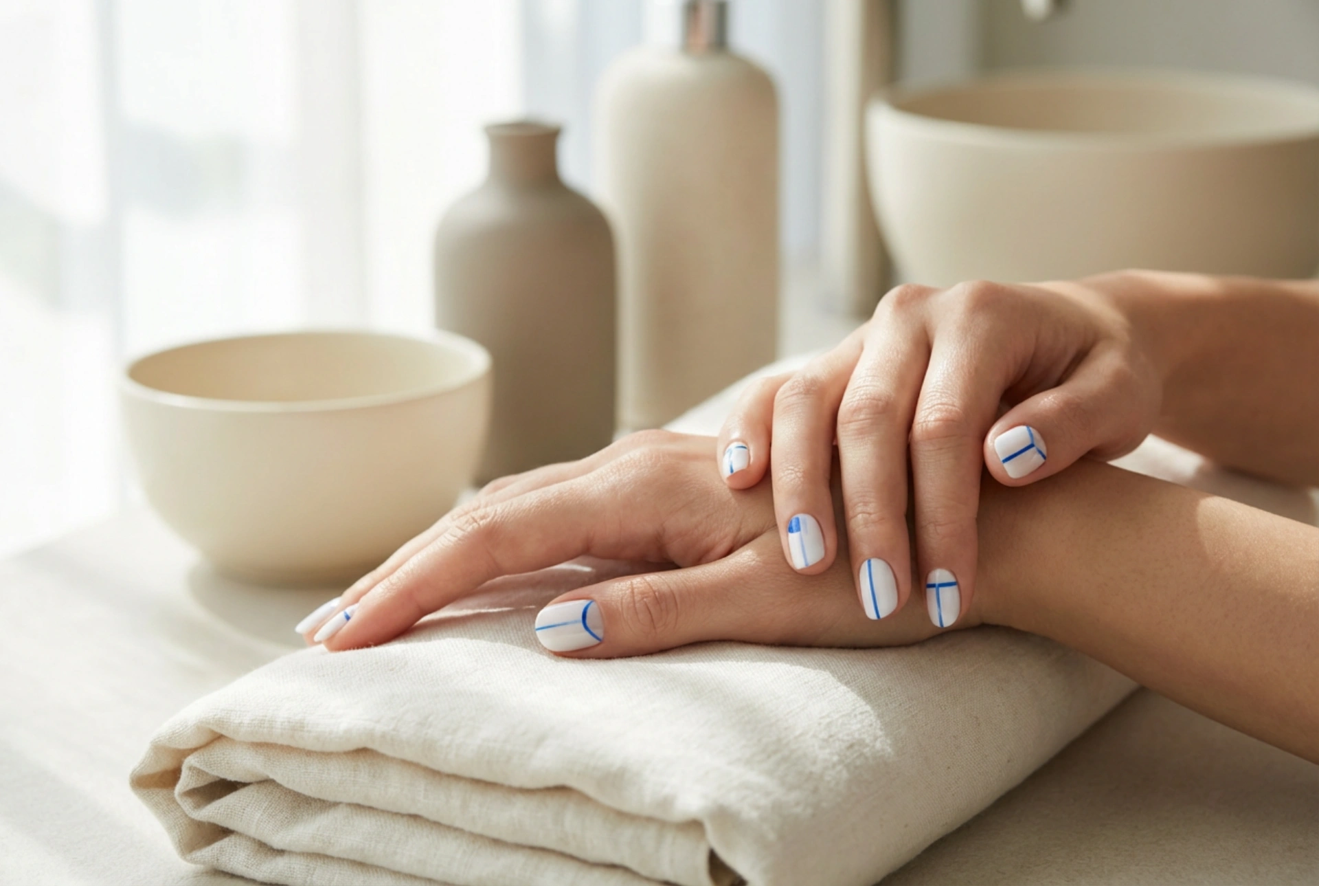 Blauw-witte nagels: eenvoudige ontwerpen en strakke lijnen
