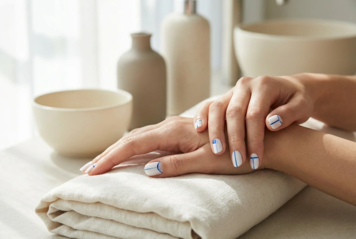 Blauw-witte nagels: eenvoudige ontwerpen en strakke lijnen