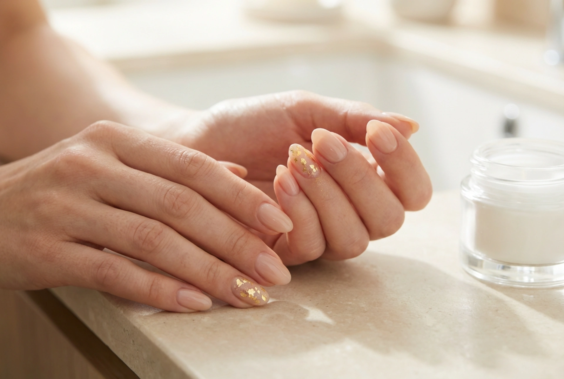 Nude nagels met goud: elegante accenten, folies en poeders