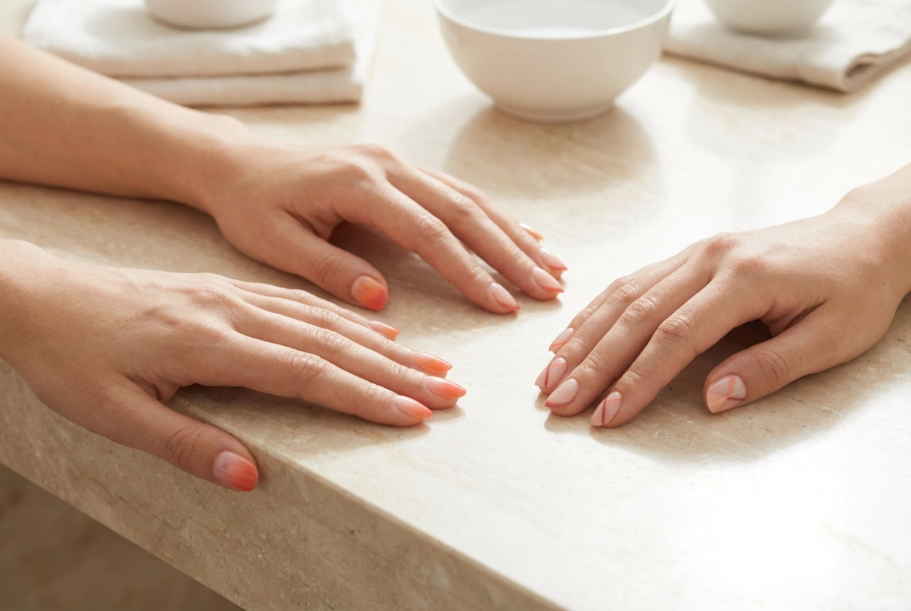 Oranje-roze nagels: ombre, french en geometrische patronen