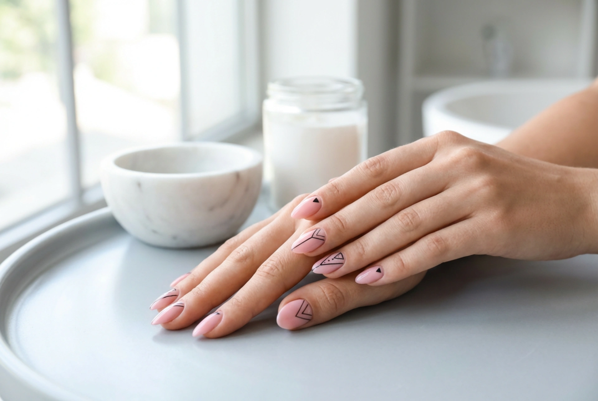 Roze nagels met zwart: geometrische patronen en precieze lijnen