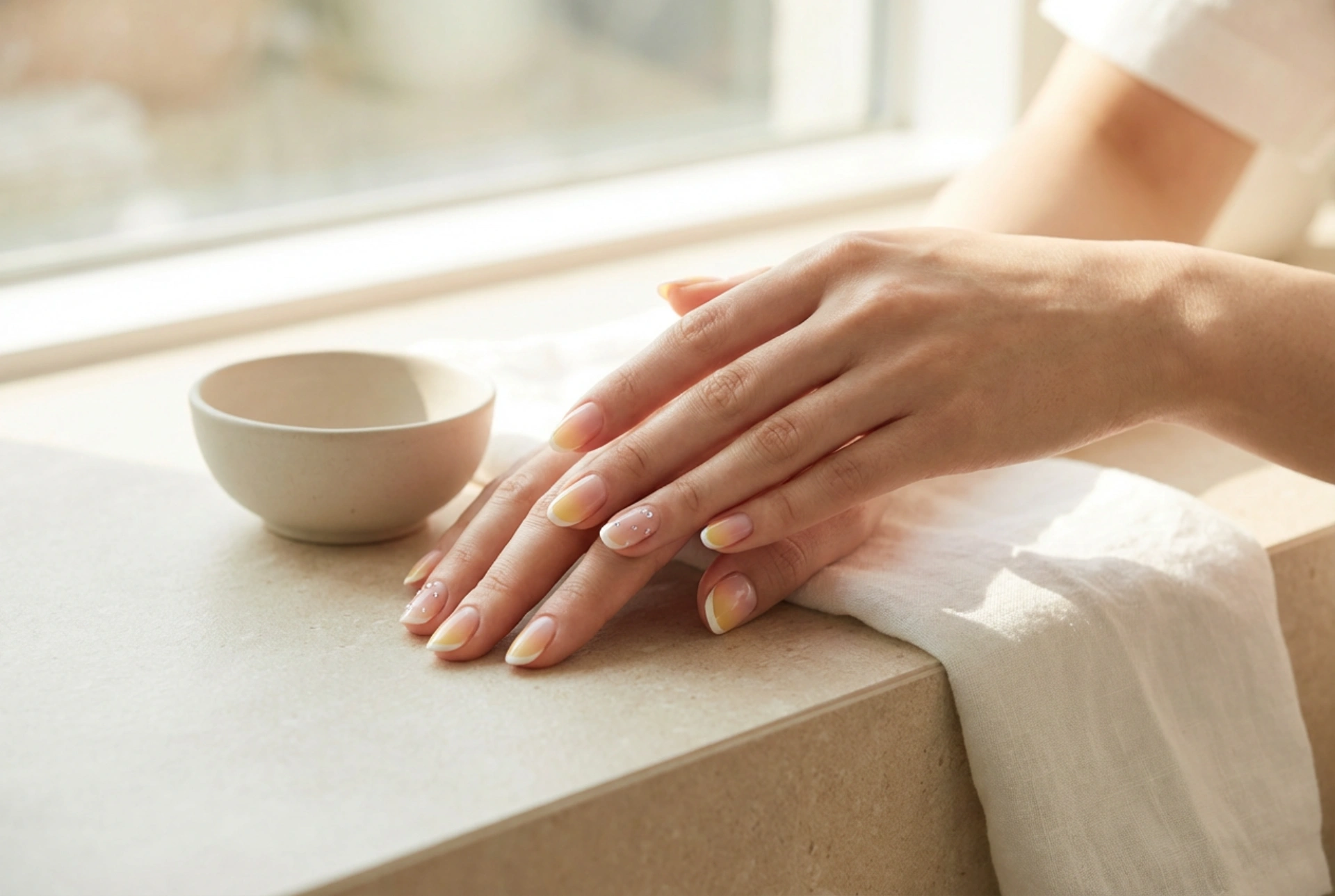 Geel-roze nagels: ombre, french manicure en decoratieve accenten
