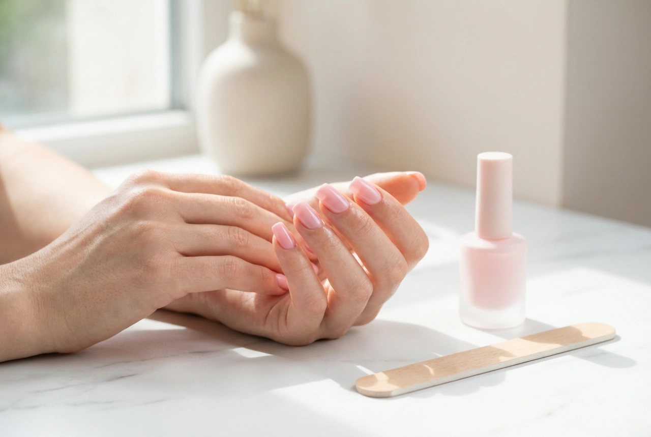 Roze vierkante nagels: vorm vijlen, lakken en nagelriemverzorging