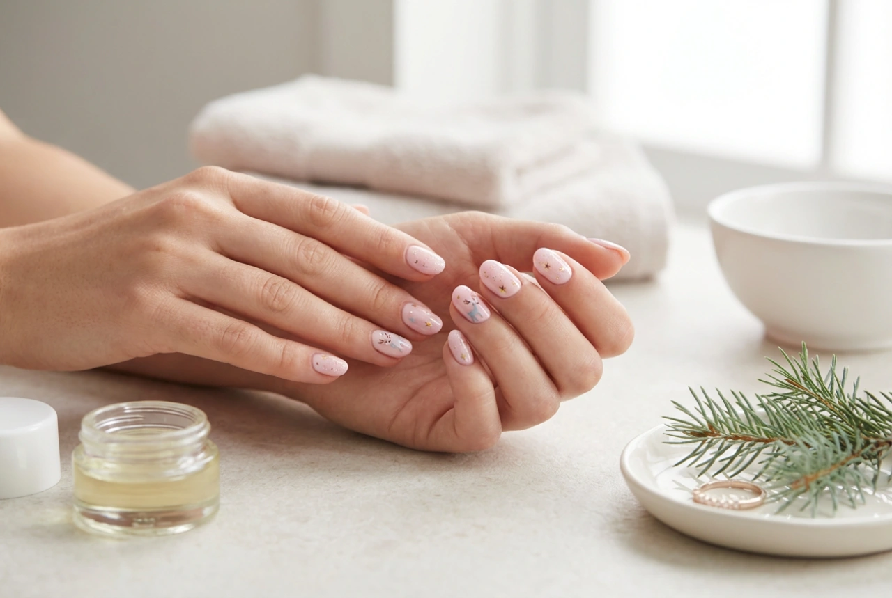 Roze kerstnagels: pastelkleurige rendieren, sterren en glitters