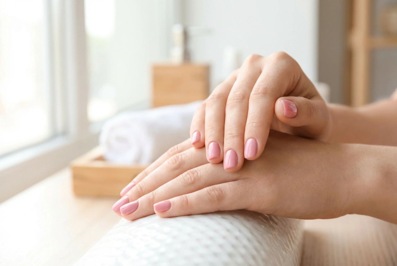 Roze korte nagels: optische verlenging en een strakke contour