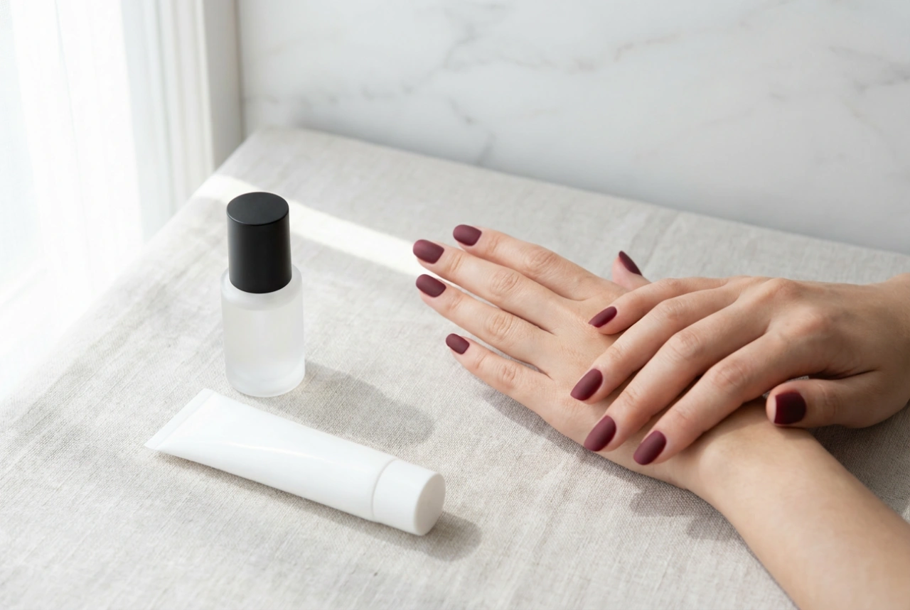 Matte bordeauxrode nagels: diepte van kleur, matte topcoat en verzorging
