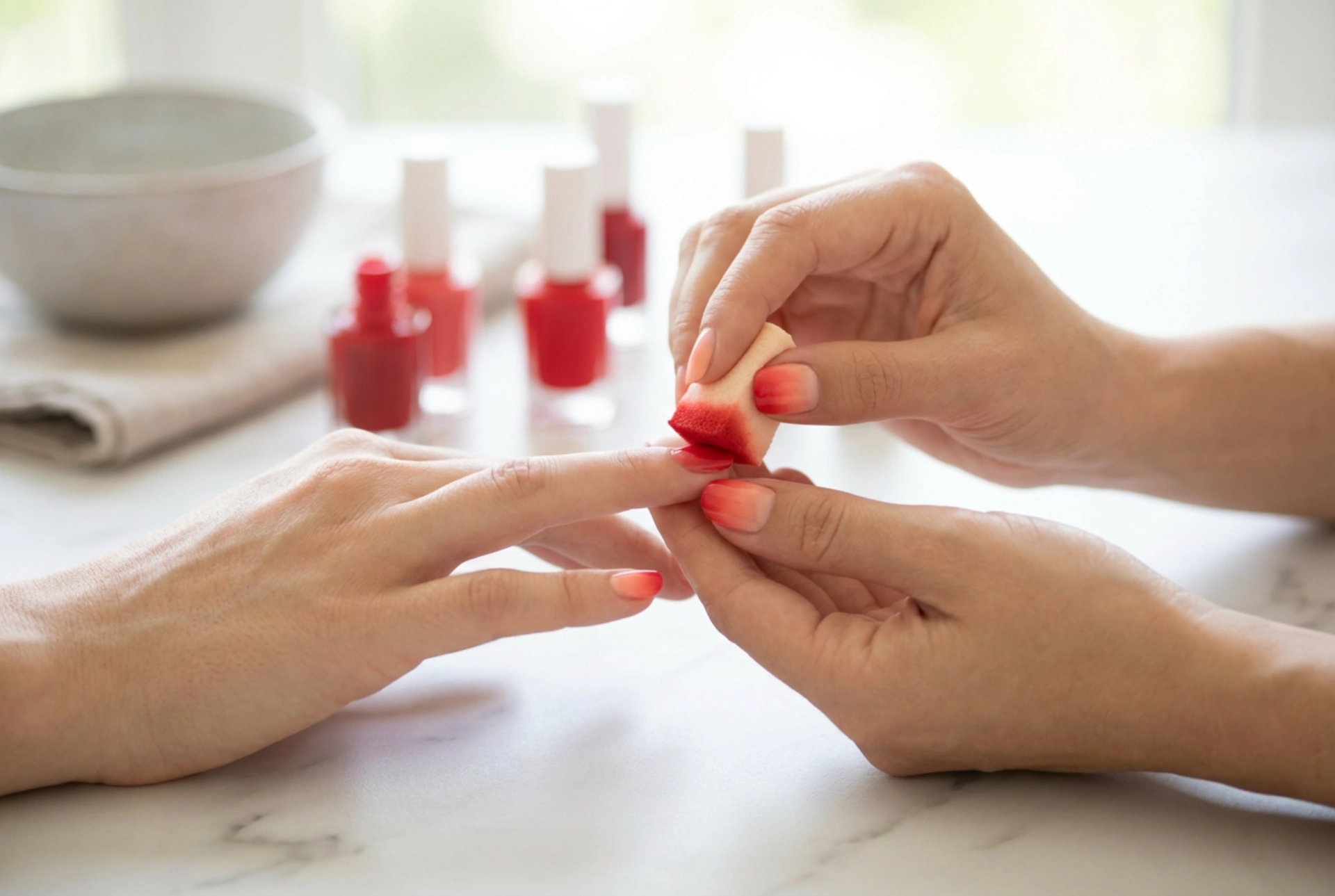 Hoe je thuis rode ombre nagels maakt: een eenvoudige methode