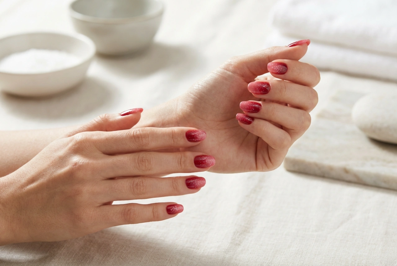 Rode ombre nagels met glitter: vloeiende overgangen en glans zonder knoeien