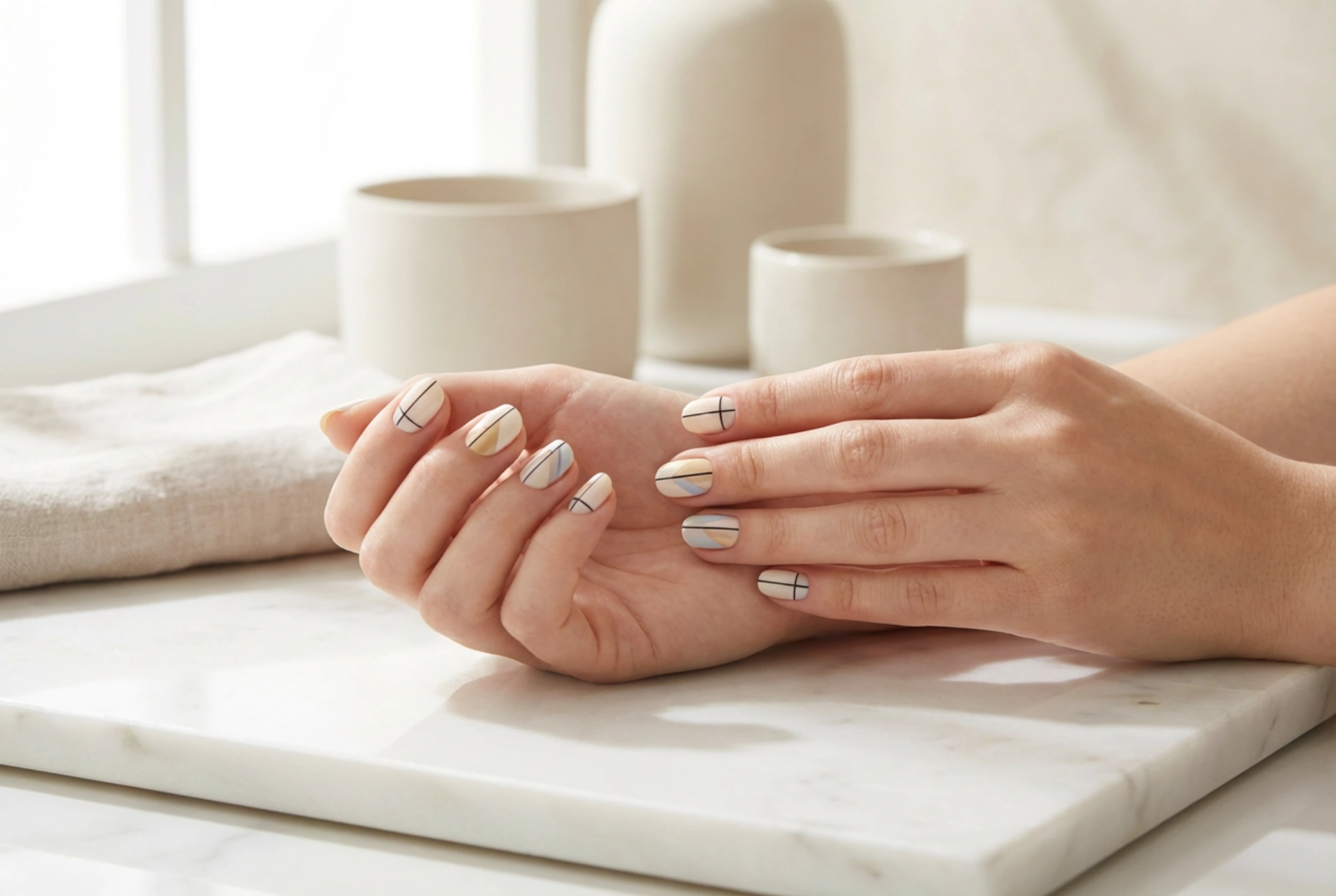 Geometrische patronen op de nagels: tape, stempels en handgeschilderde designs