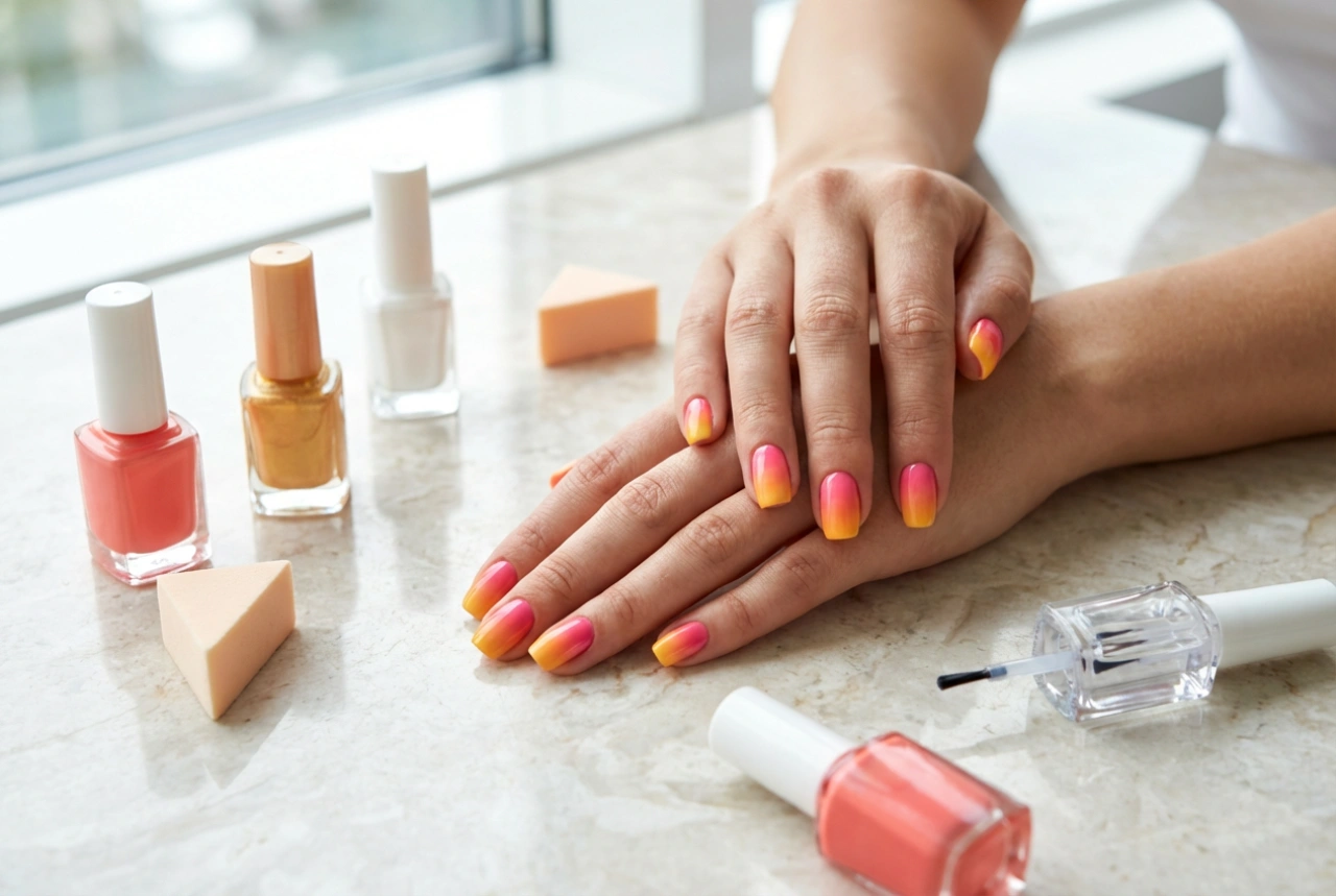 Kleurrijke ombre nagels: tinten mengen, sponsje en fixatie