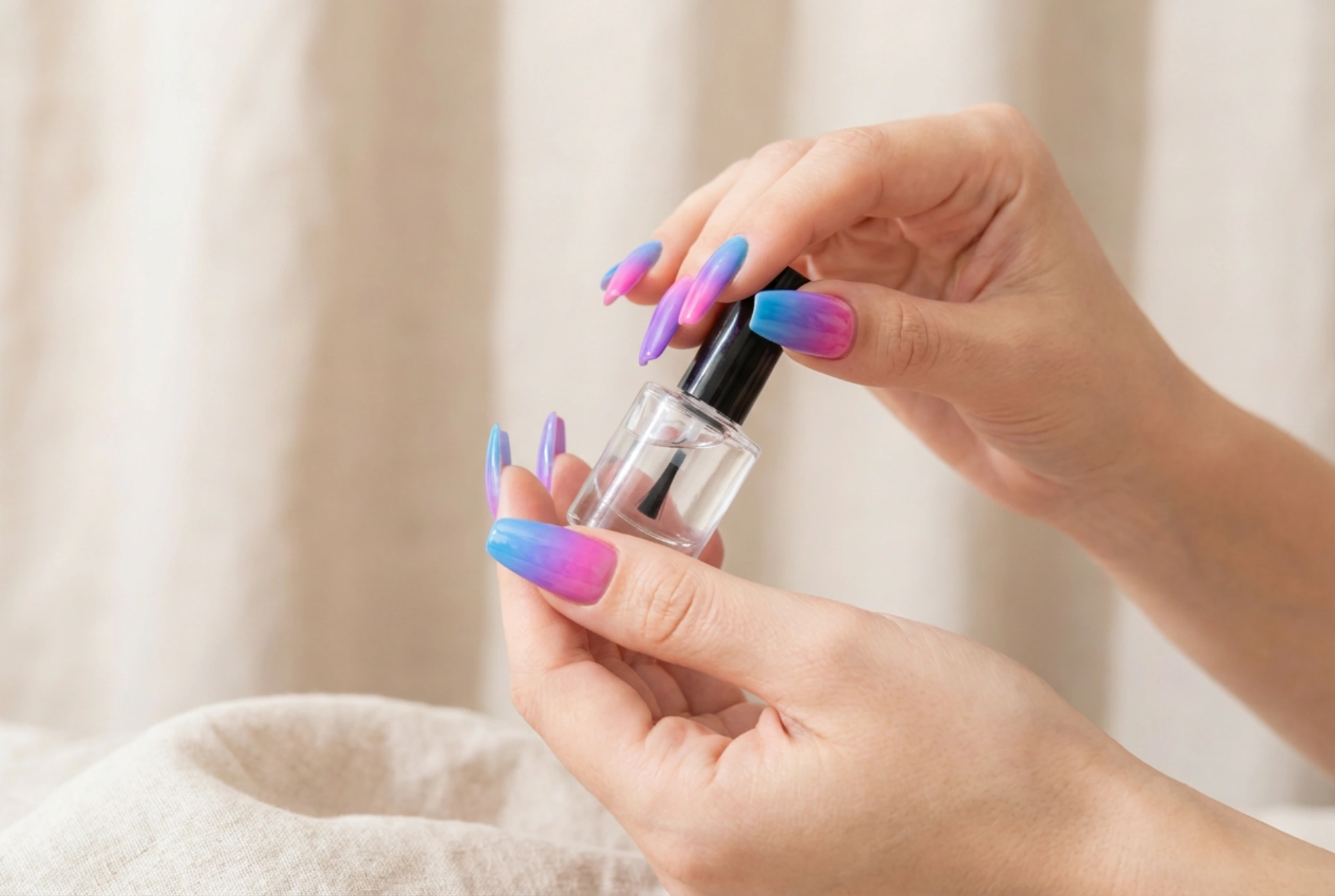 Kleurrijke ombre nagels zonder strepen: hoe kleuren te combineren en het effect te beschermen