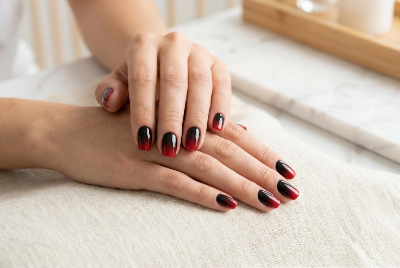 Zwart-rode ombre nagels: een vloeiende overgang zonder strepen of vlekken