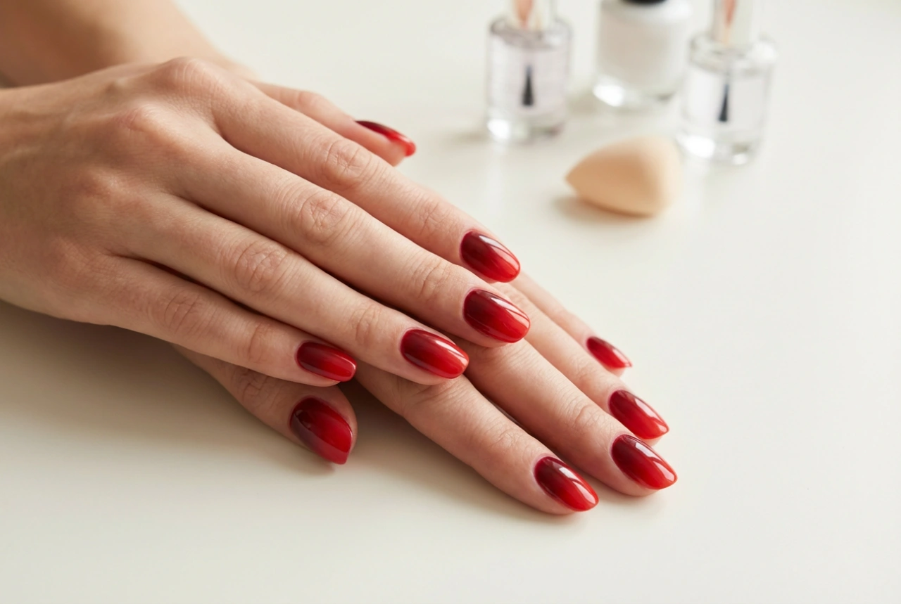 Rode ombre nagels: tinten kiezen, sponsje en topcoat bescherming