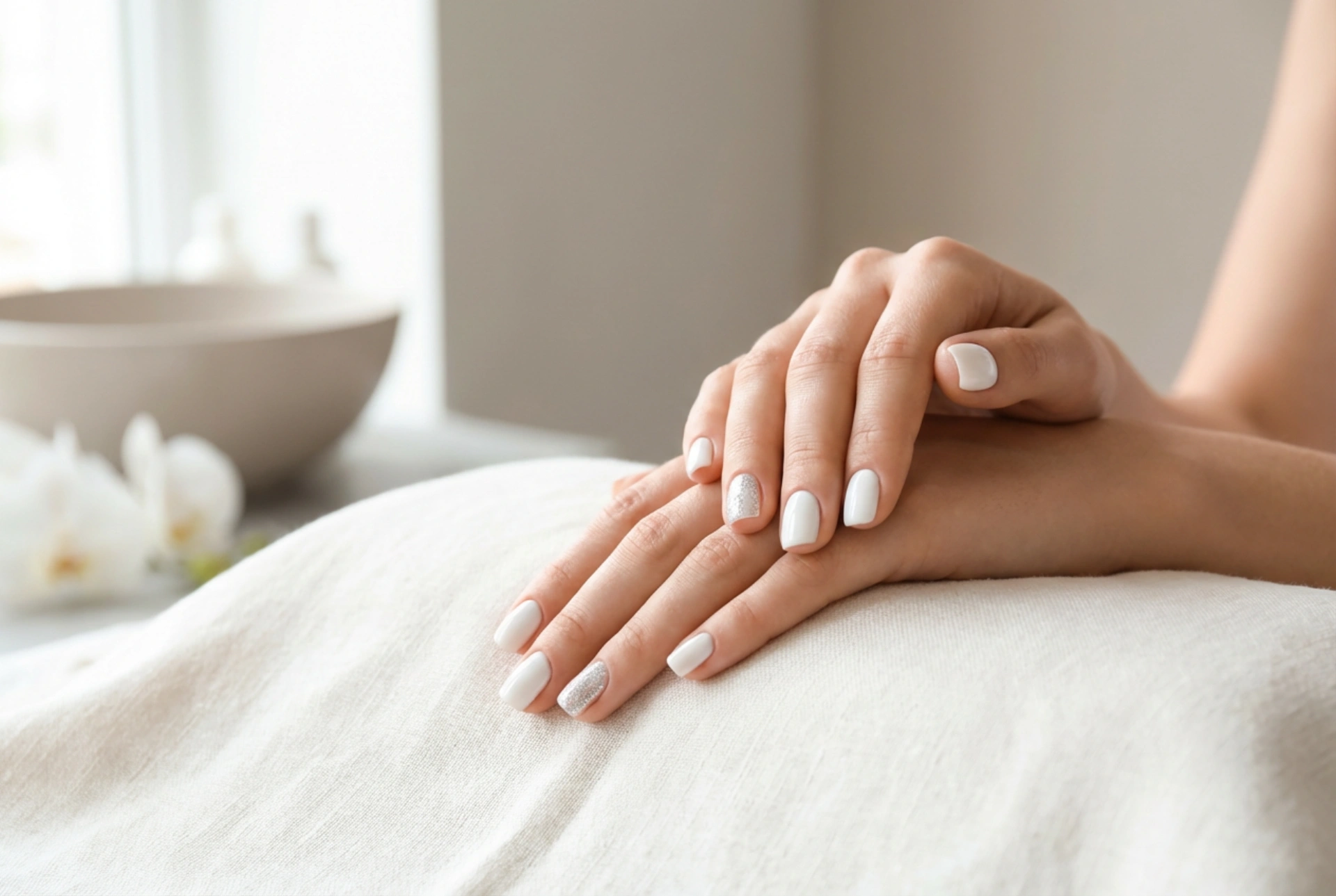 Witte nagels met een zilveren accent: eenvoudige versieringen en afwerking