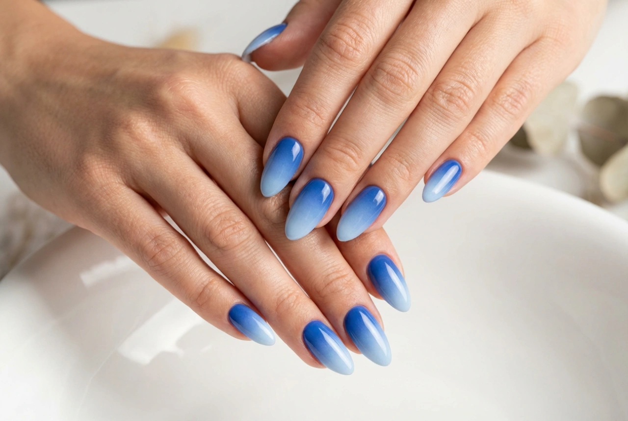 Korenbloemblauwe ombre nagels: intense kleur zonder strepen of harde overgangen