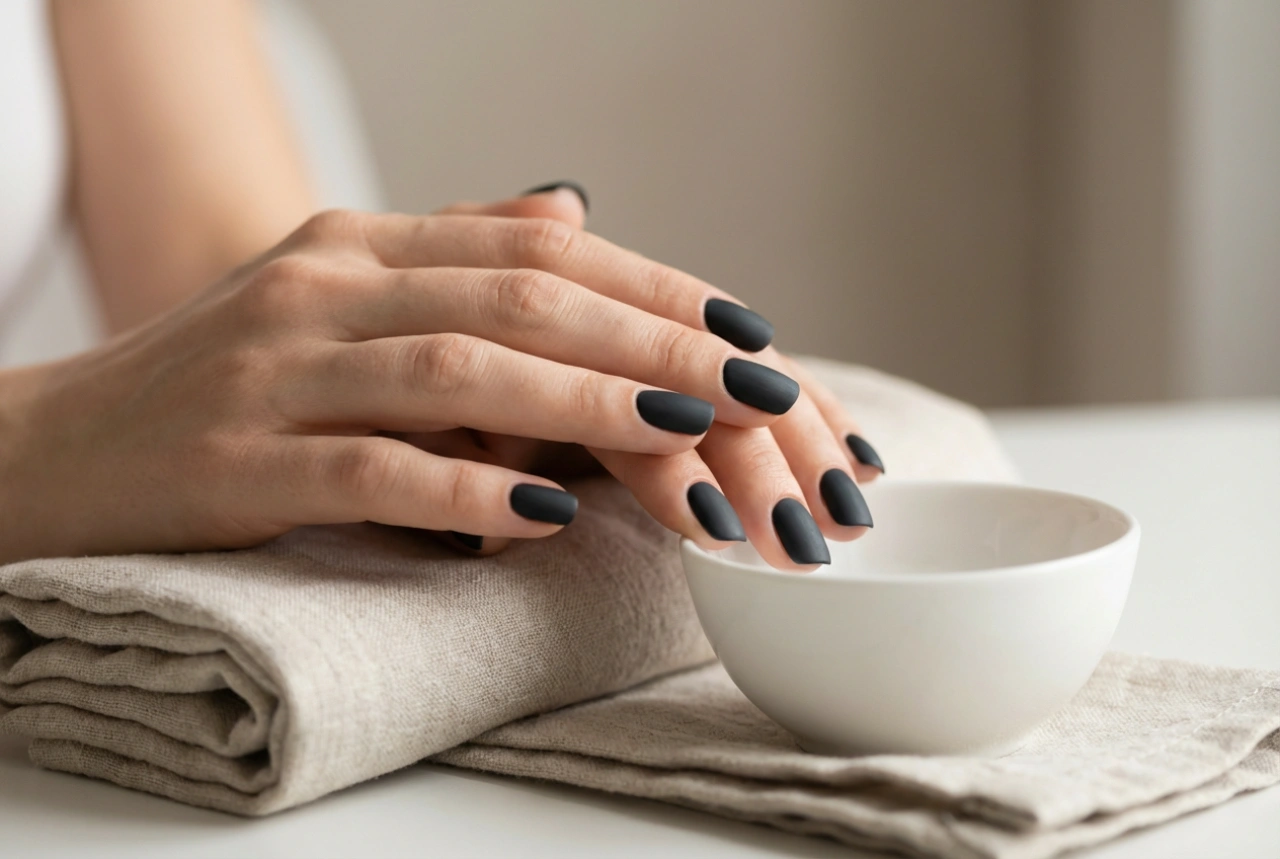 Zwarte matte afwerking: matzwarte nagels zonder vlekken of glans