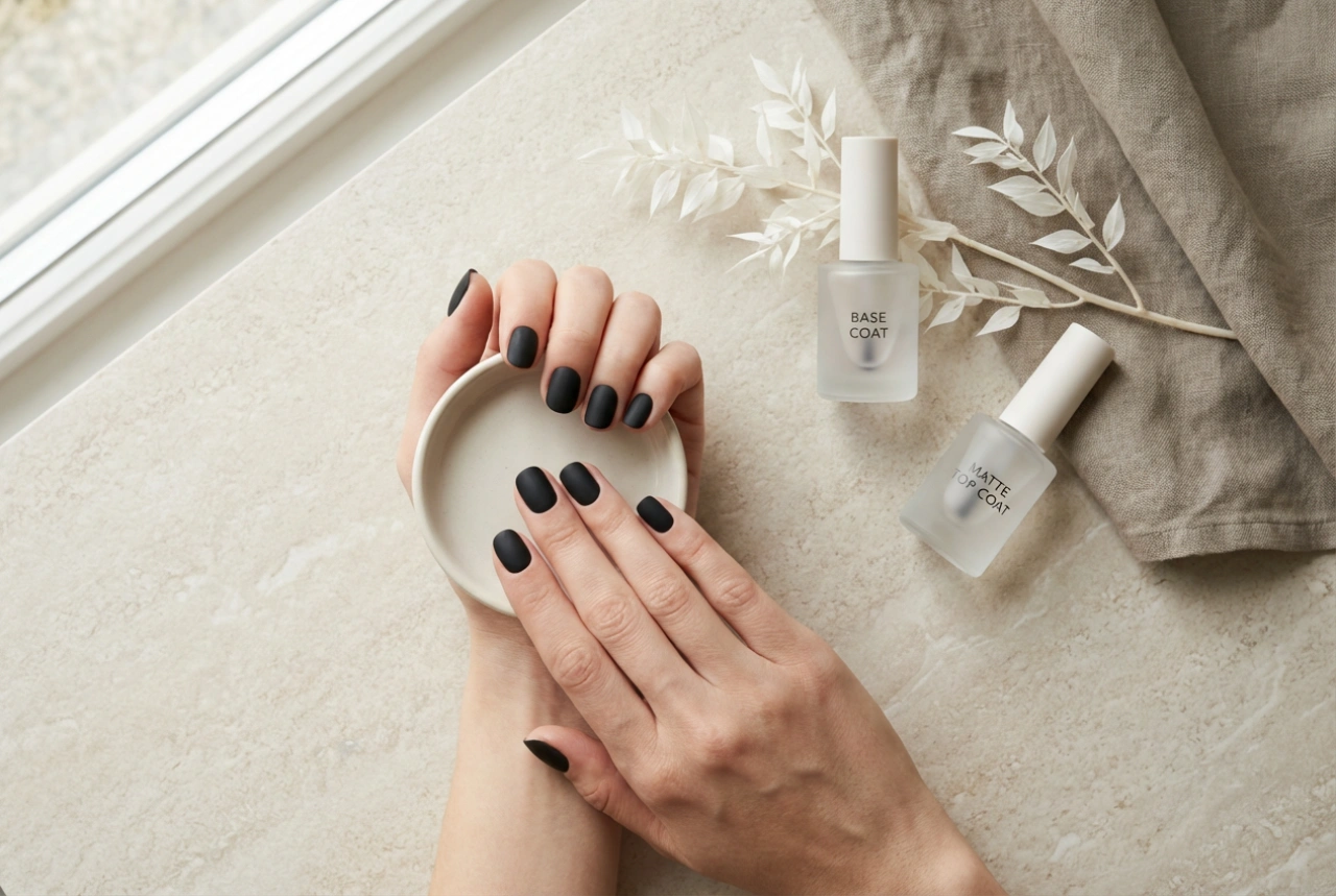 Matte zwarte nagels stap voor stap: basecoat, matte topcoat en fixatie