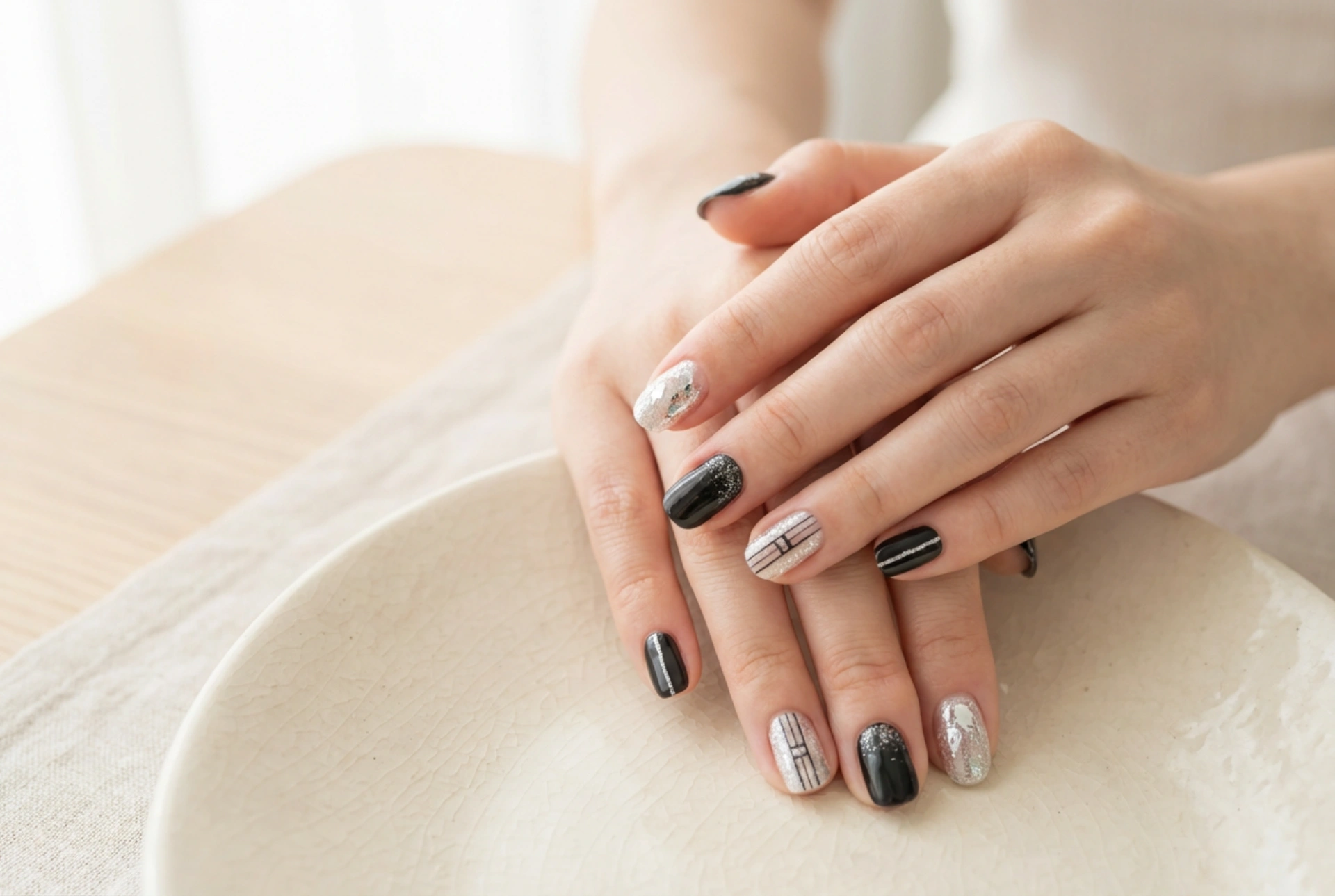 Zwart met zilveren nagels: hoe zilver met zwart te combineren, lijnen, folies, glitter