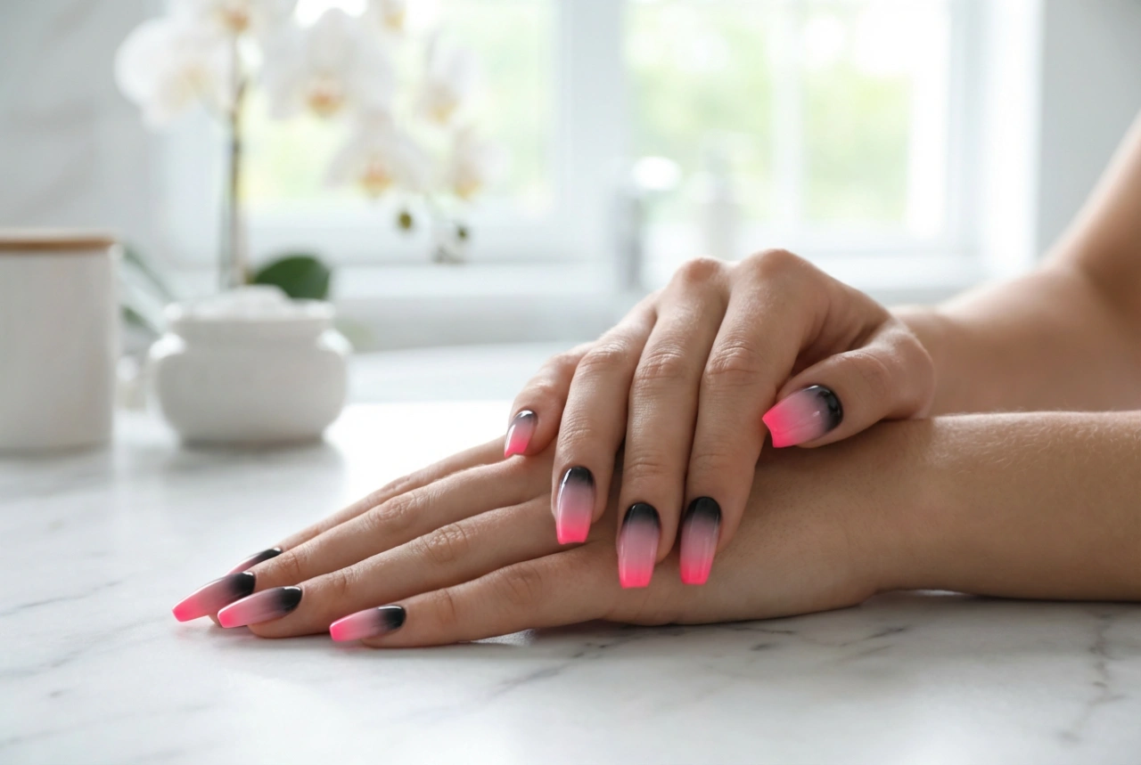 Zwart-roze ombre nagels: van neon tot pastel, stap voor stap