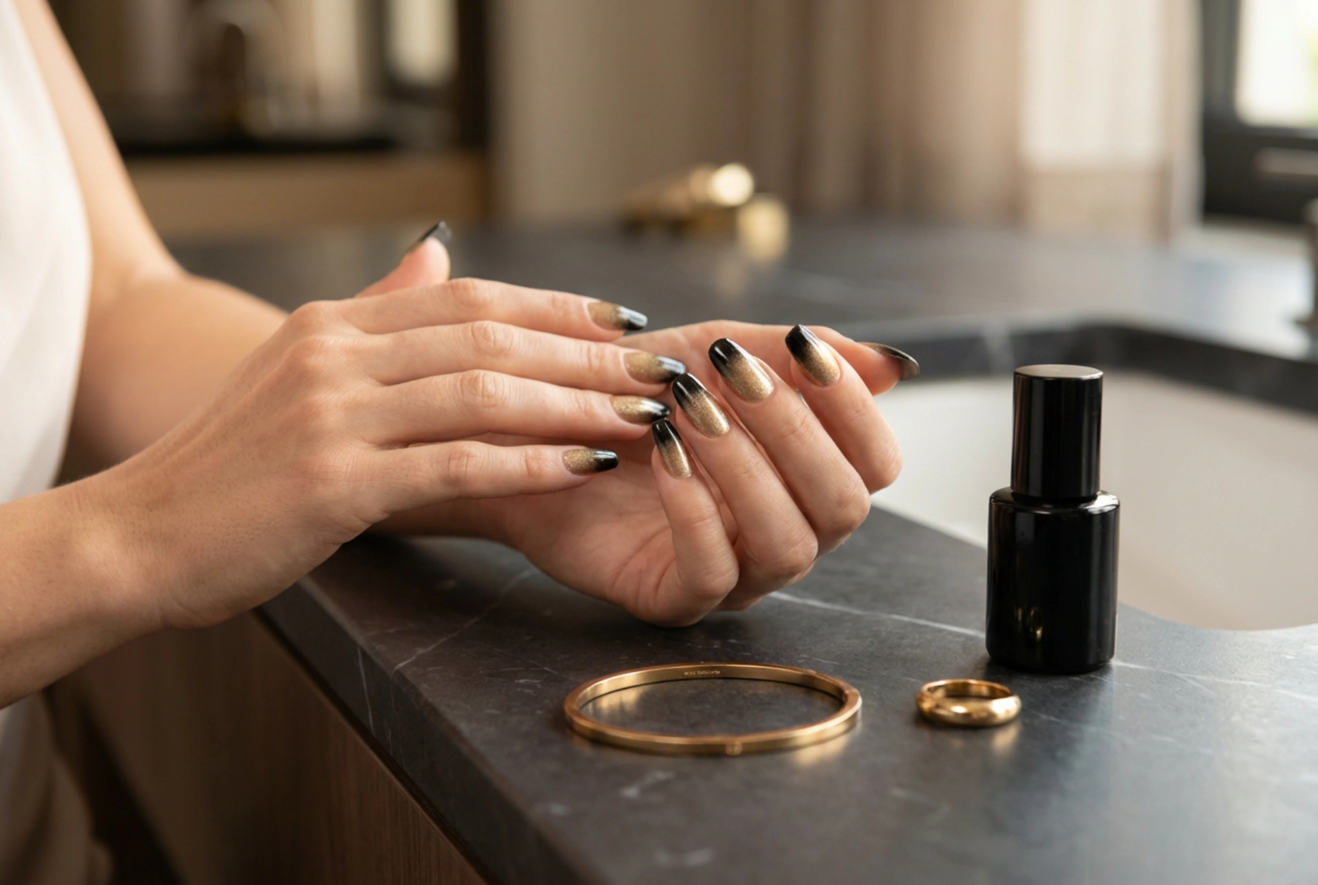 Zwart-gouden ombré nagels: een elegant effect voor de avond