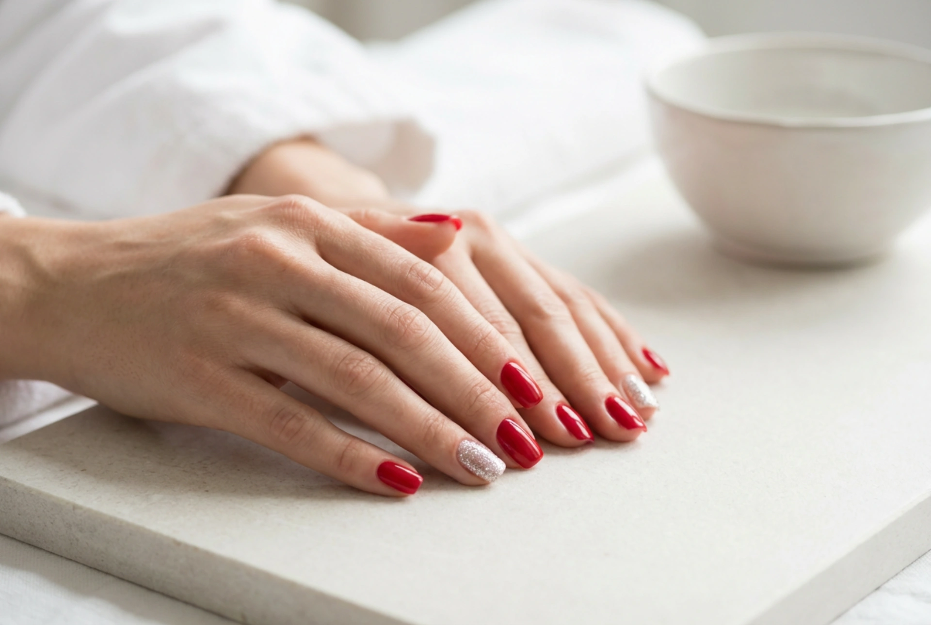 Rode nagels met zilveren glitter: applicatietechnieken en fixatie