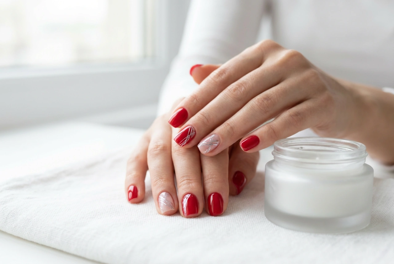 Rode nagels met zilver: lijnen, accenten en glitters stap voor stap