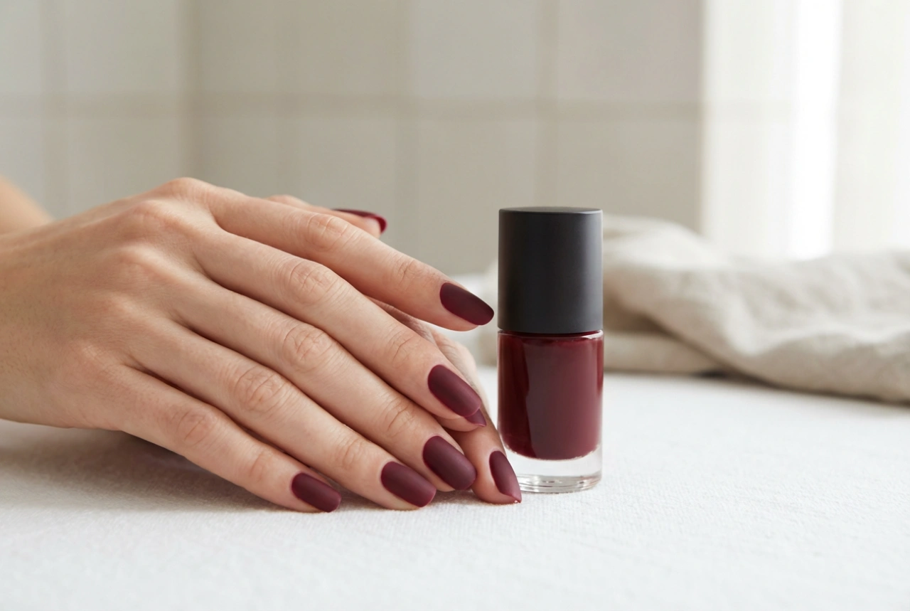 Matte bordeauxrode nagels: een diepe tint zonder glans stap voor stap