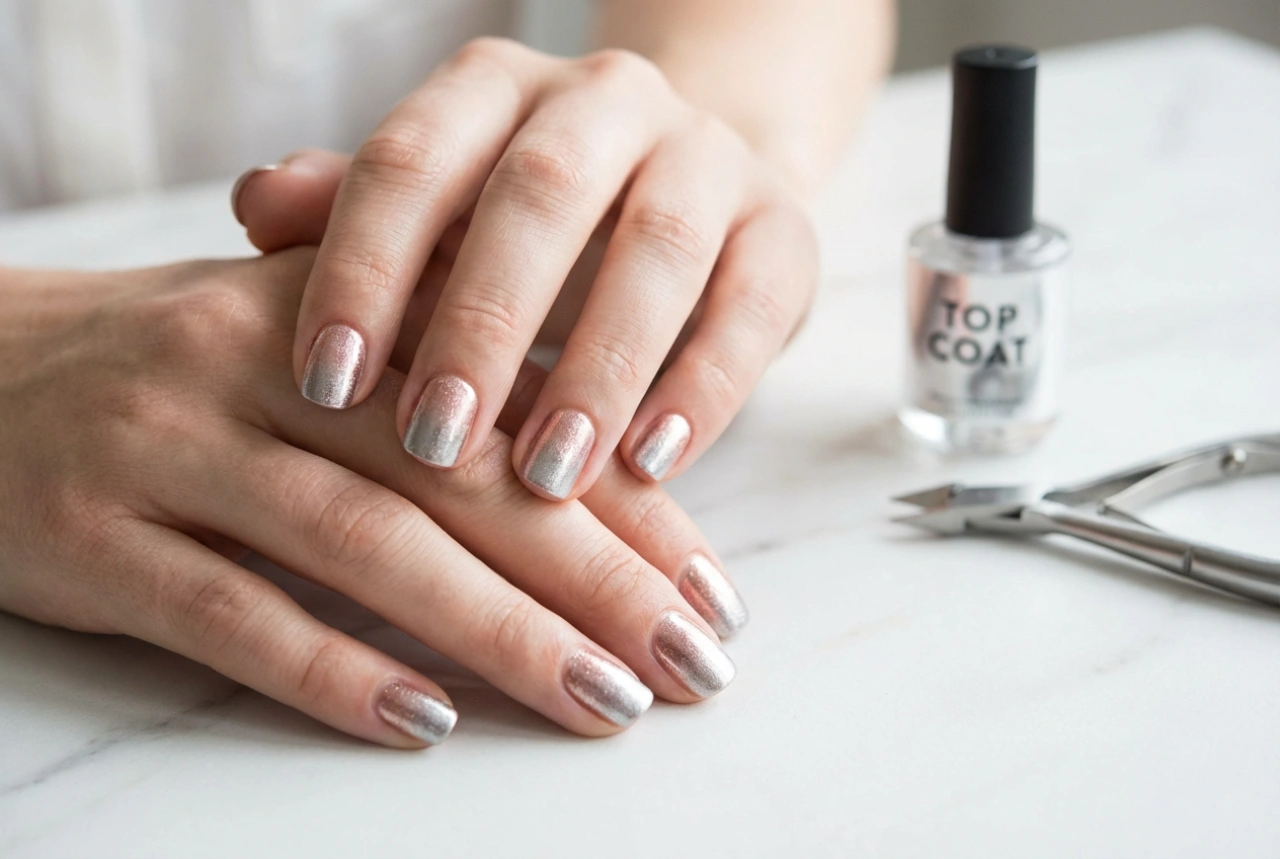 Metallic ombre nagels: poeders, applicatie en fixatie met topcoat