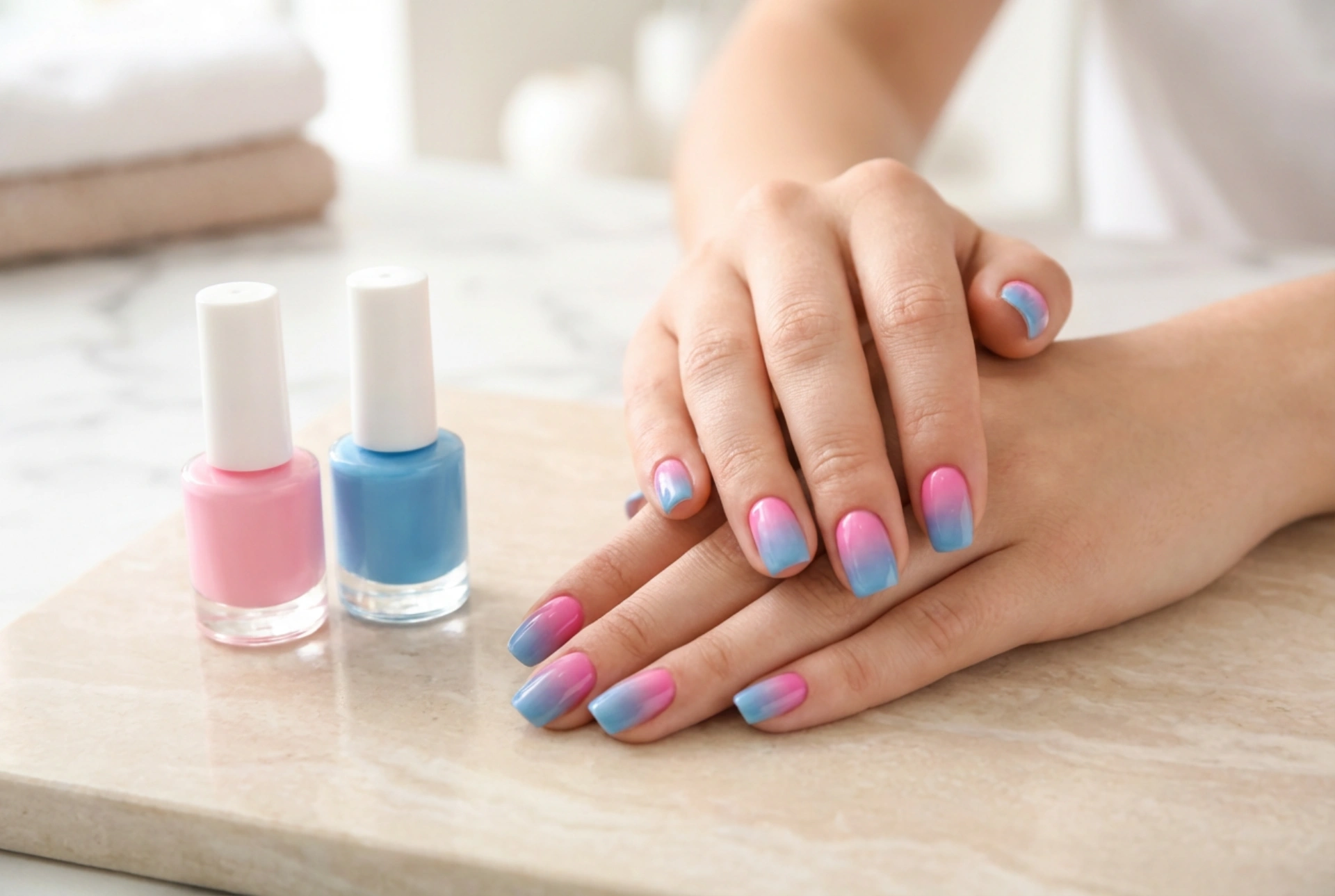Vrolijke roze-blauwe ombre nagels: lak kiezen en blenden