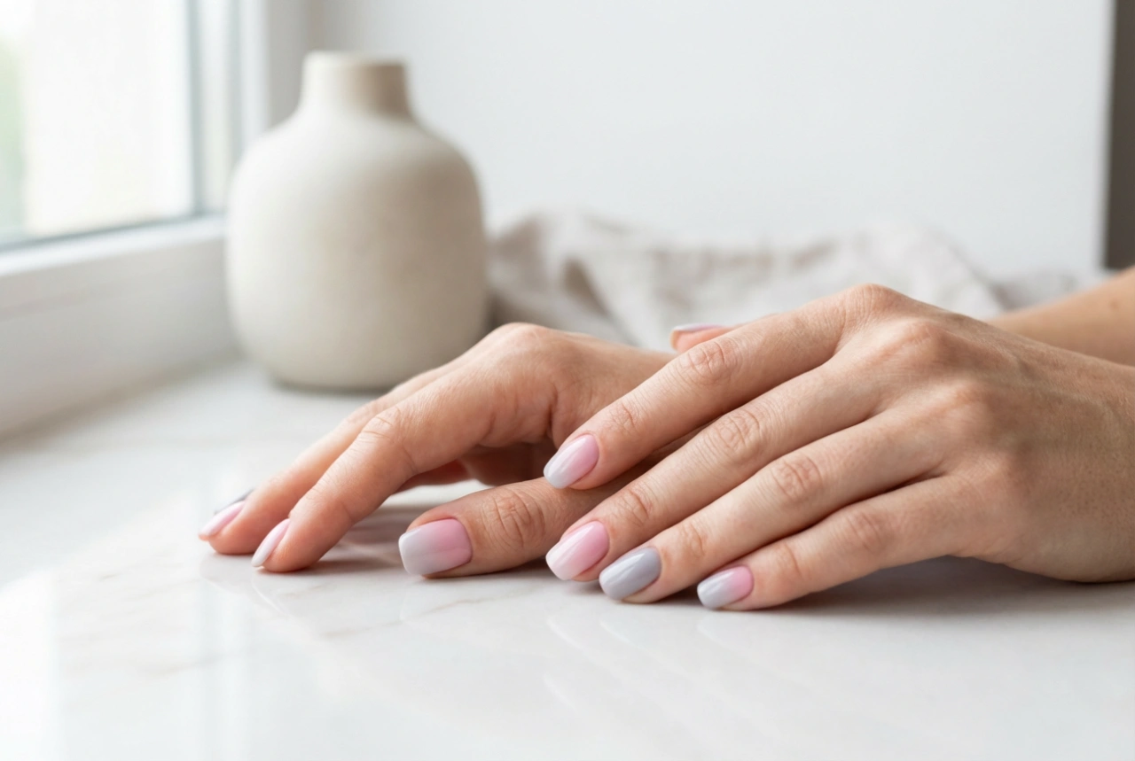 Roze en grijze ombré nagels: een elegant duo voor werk en avond