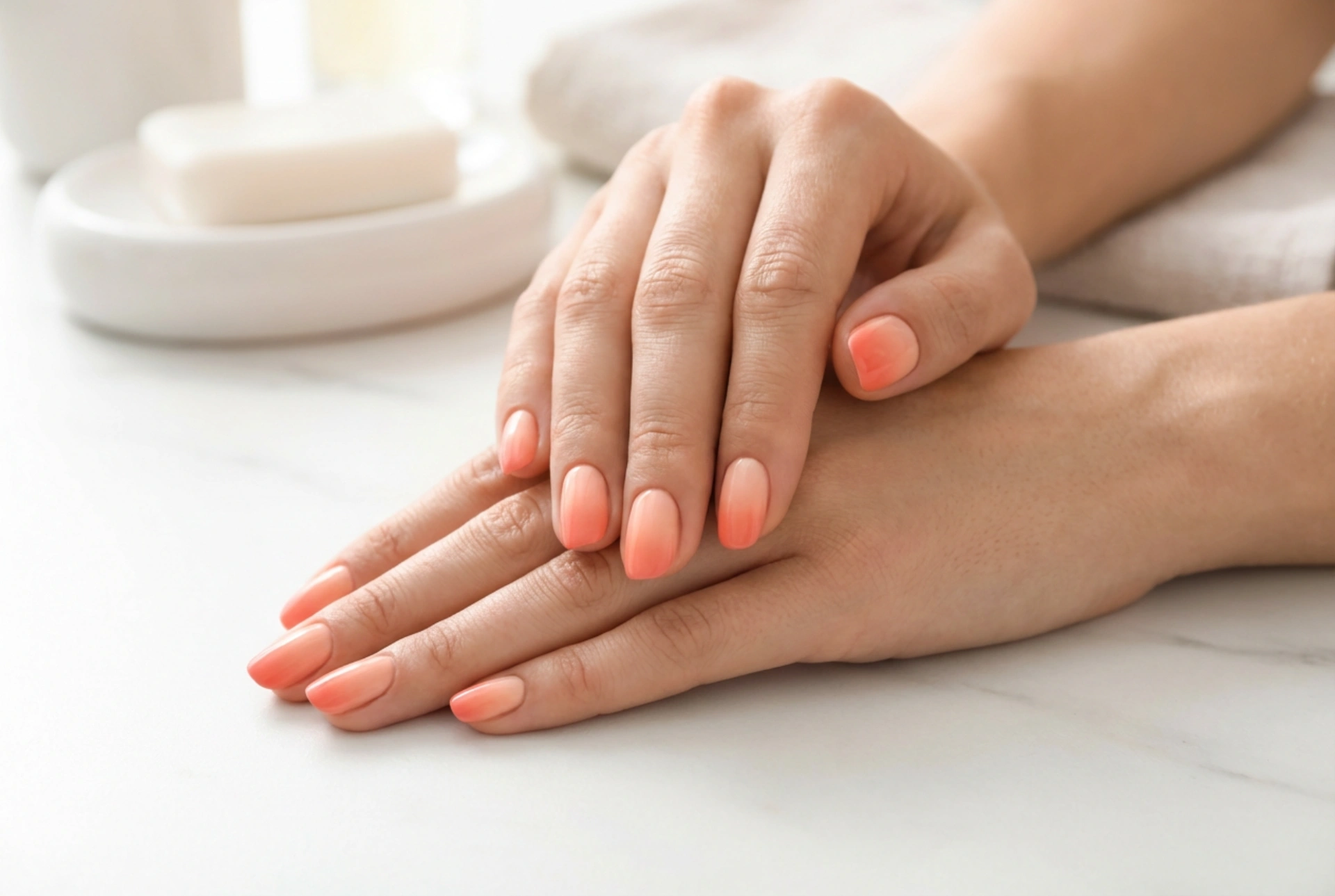 Zalmkleurige ombre op de nagels: een delicate gradiënt stap voor stap