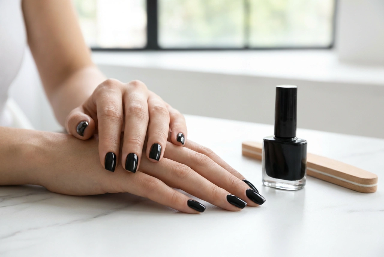 Zwarte gellak zonder strepen: voorbereiding van de nagelplaat en twee lagen