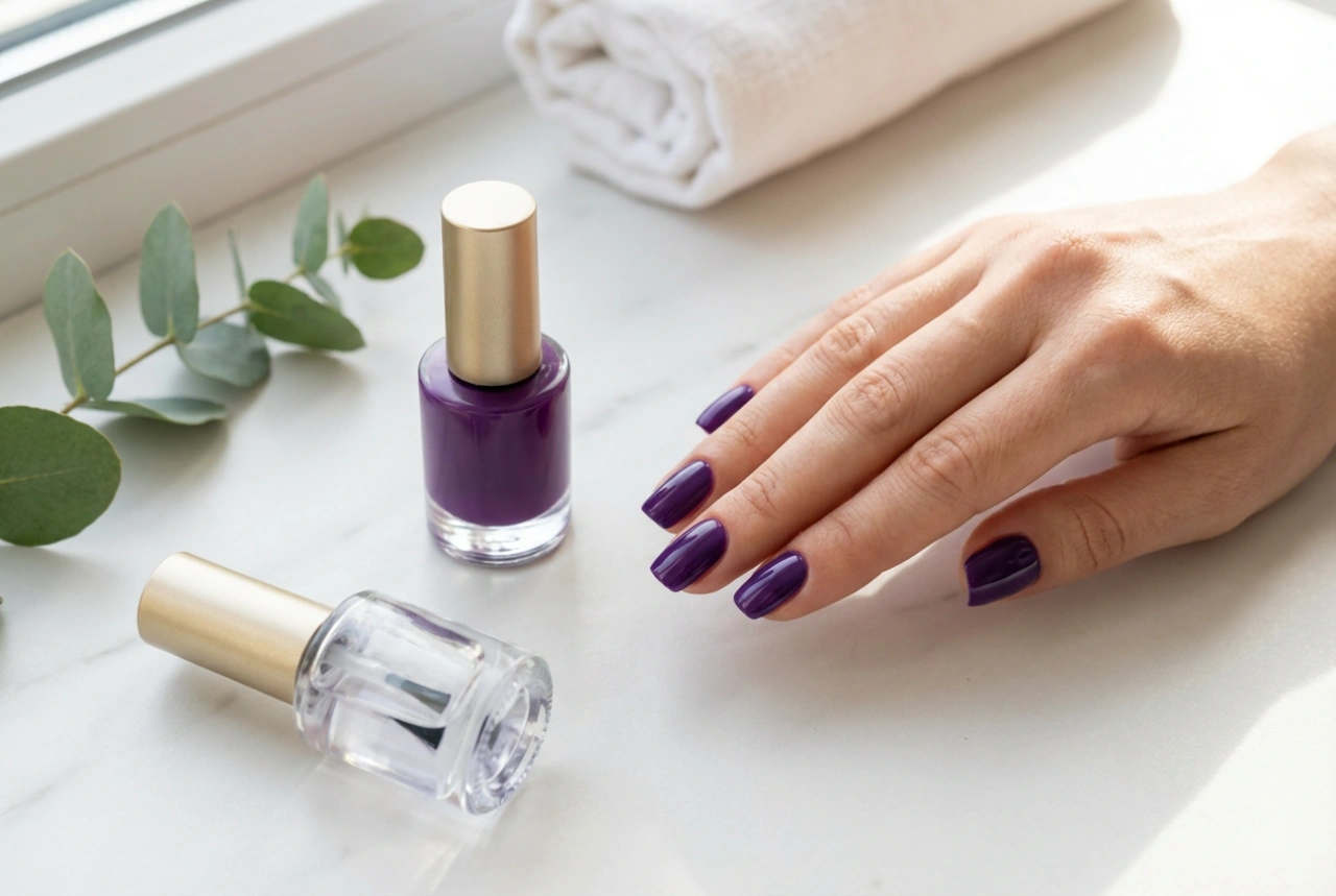 Paarse hybride nagellak: de perfecte basis en een egale glans