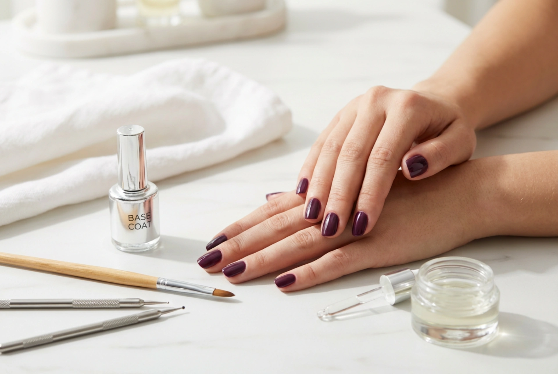 Pruimkleurige gellak nagels: voorbereiding van de nagelplaat, lakken en versieringen
