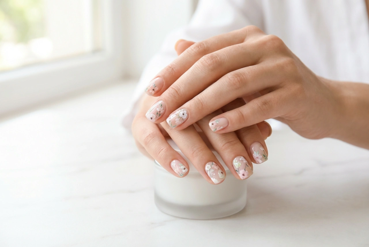 Nagelstickers met bloemen: compositie, achtergrond en afwerking met topcoat
