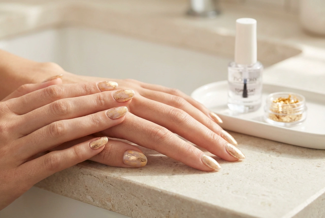 Goudfolie op de nagels: hoe creëer je dit effect, lijmkeuze en fixeren met topcoat