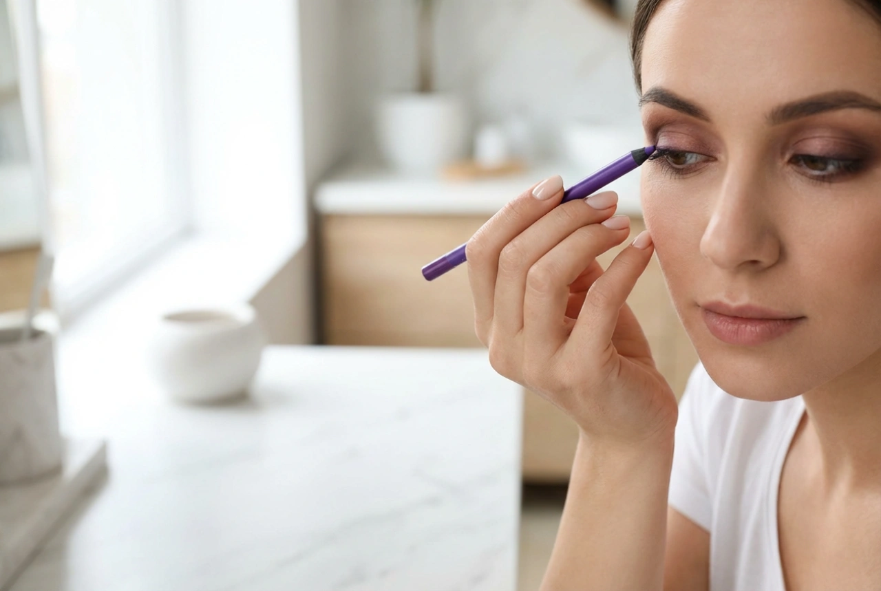 Paars oogpotlood: verjongende tinten, zachte lijnen en combinaties met bruin